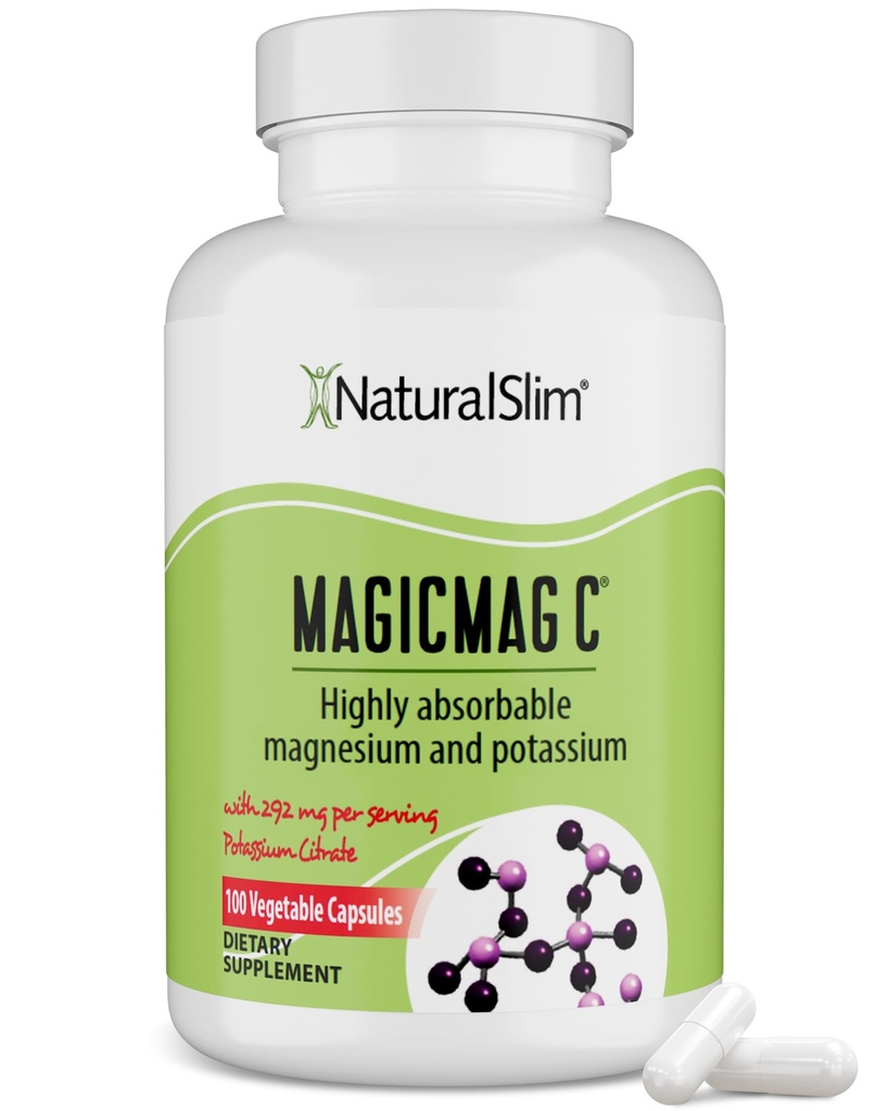 MagicMag C de NaturalSlim, Citrato de Magnesio con Potasio para Relajación muscular, Calidad del sueño, Función del nervio " Apoyo electrolito, Suplemento diario de magnesio para hombres y mujeres, 100 cápsulas 1pk