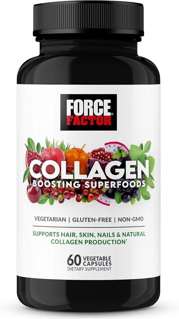 Factor de fuerza Collagen Boosting Superfoods, Vegan Collagen Booster con ácido hialurónico, biotina, bambú, ácidos aminoácidos " Vitaminas para el cabello, la piel y uñas, refuerzo y suplemento de piel, 60 cápsulas