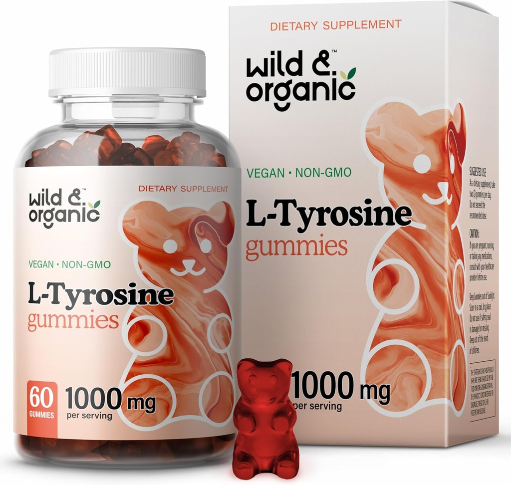 Wild & Organic L Tyrosine 1000mg Gummies - Suplemento de apoyo cerebral para Focus y Mood - Gummies de enfoque vegano w/L-Tyrosine Powder - 60 Chews no GMO