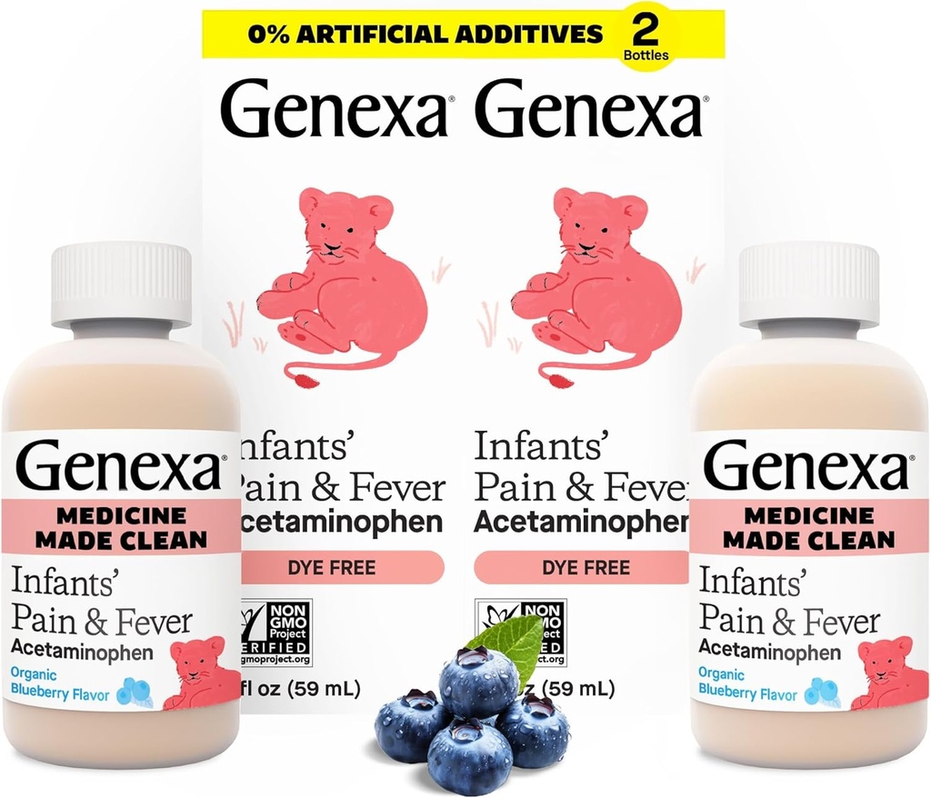 Genexa Infants' Clean Acetaminophen TEN Pediatrician Preferred Ingredients ¦ Doin Reliever " Fever Reducer for Babies TEN Dye Free, 0% Artificial Additives TEN Organic Blueberry Flavor, 4 fl oz (2 Pack)