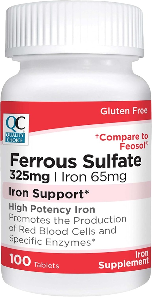 Opciones de calidad Hierro 65 mg (325 mg Sulfato ferroso) Suplemento de apoyo de hierro de alta potencia Tablas de apoyo en 100 Botellas de cuenta