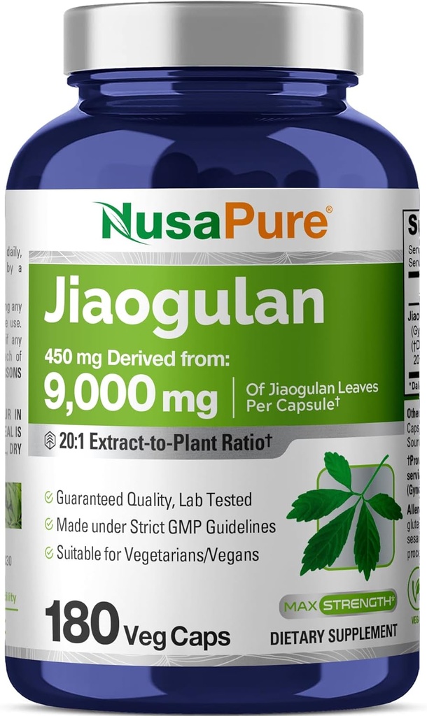 NusaPure Jiaogulan 20:1 Extracto, 450 mg Equivalente a 9.000 mg 180 cápsulas vegetales (Vegetariano, No GMO, Vegano) Gynostemma Pentaphyllum