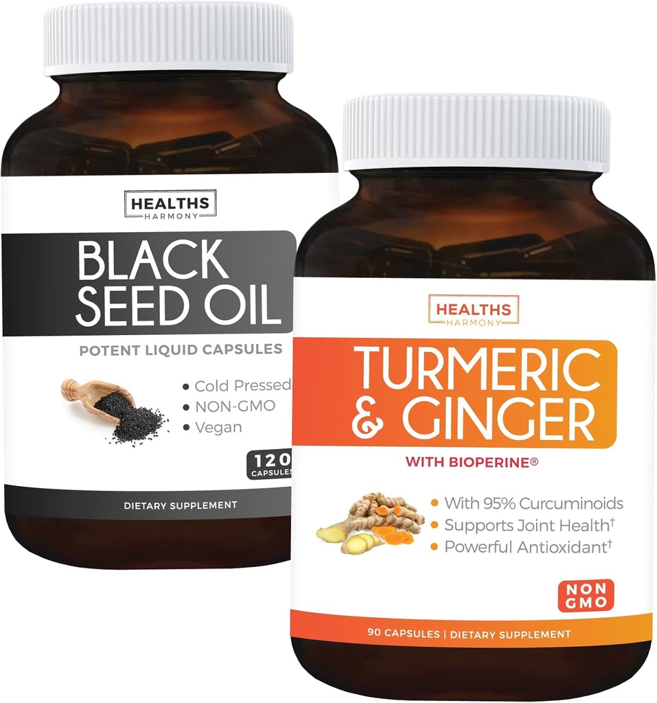 Bundle of Turmeric " Ginger " Black Seed Oil - Golden Harmony Blend - Turmeric " Ginger with 95% Curcuminoids " Bioperine (90 Capsules) " Black Seed Oil (Non-GMO) 100% Cold-Presed Cumin Seed Oil