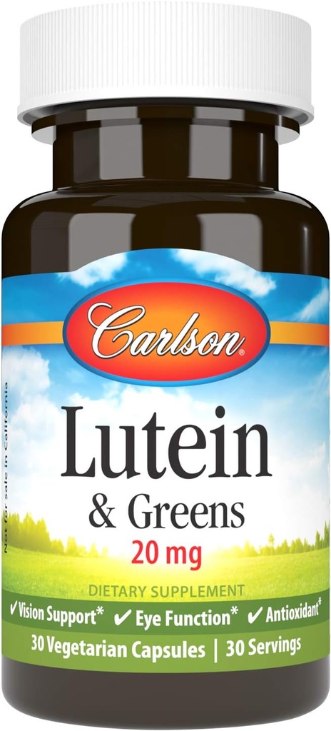 Carlson - Lutein " Greens, 20 mg, Vision Support " Eye Function, Antioxidant, 30 cápsulas vegetarianas