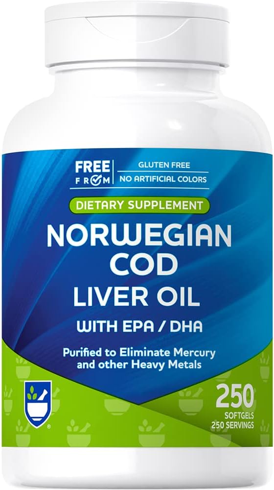 Rite Aid Cod Liver Oil Softgels 250 Cuenta, con EPA y DHA, apoya el corazón, cerebro y visión Salud