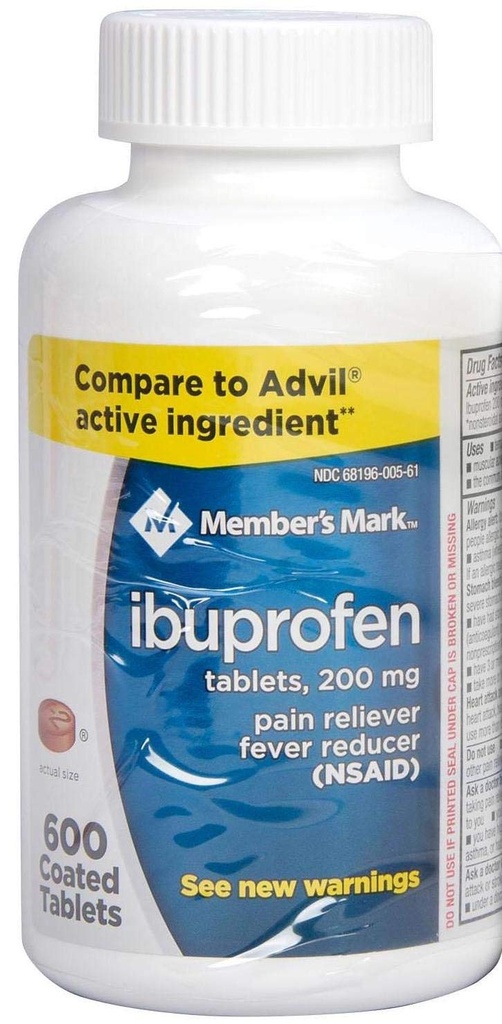 Miembros Mark Ibuprofeno Coated Tablets 200mg Doin Reliever Fever Reducer, 1 Botella, 600 Tablets