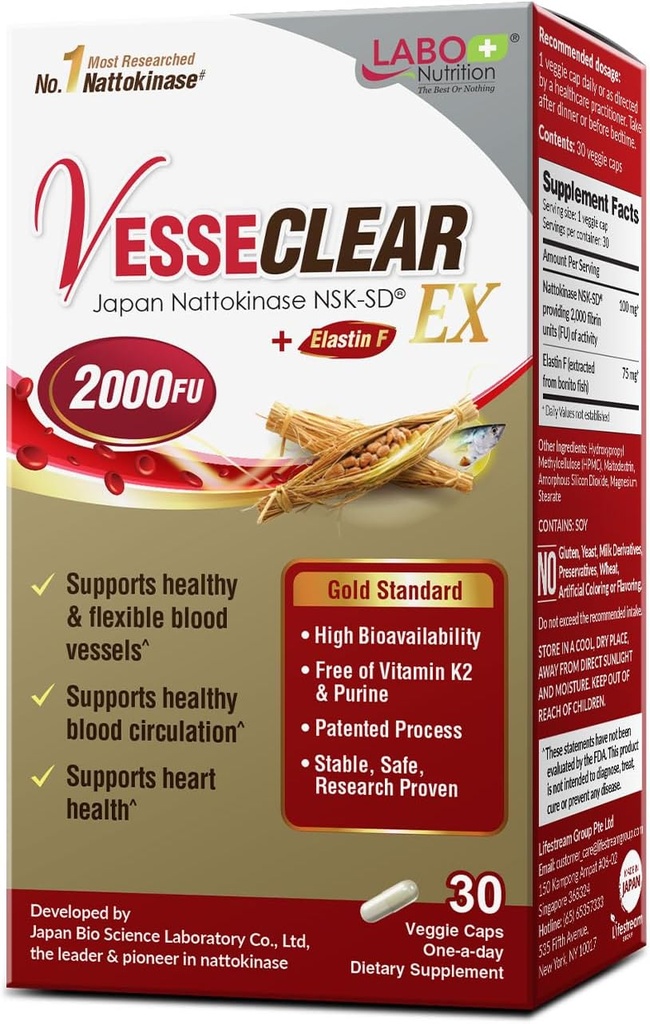 LABO Nutrition VesseCLEAR EX: Nattokinase NSK-SD+Elastin F for Clean &amp; Flexible Blood Vessel. La mayoría de la investigación de Japón Provenida, Dose funcional, Acid-Resistant/Delayed Release Capsules