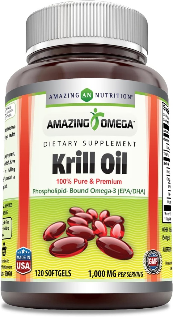 Amazing Omega Krill Oil with Omega 3s EPA, DHA, Phospholipids and Astaxanthin 1000 Mg per Serving 120 softgels Suplemento TEN Non-GMO TEN Gluten Free