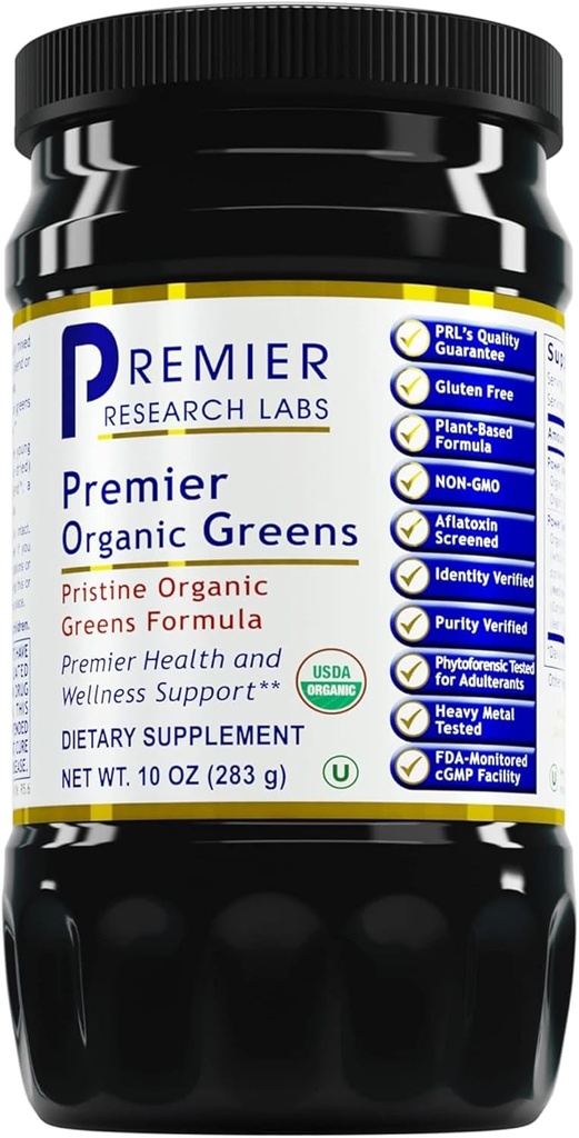Premier Research Labs Premier Organic Greens - Super Greens Powder, Greens Superfood Powder for Drinks, Green Juice, Nutrition Support, Supergreens for Men &amp; Women, Spinach, Alfalfa, Chlorella - 10 oz