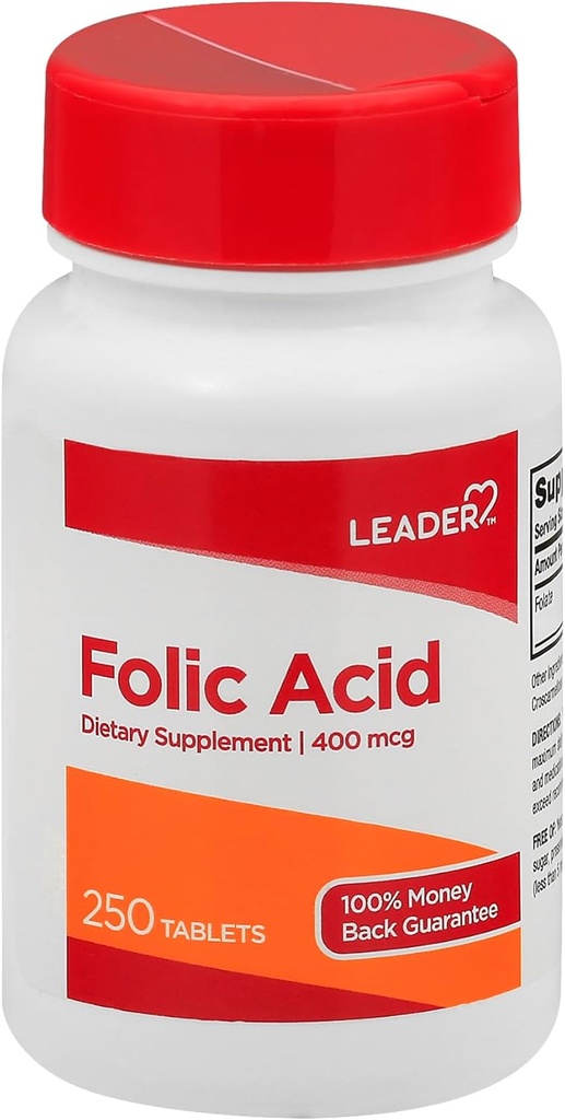 Leader Folic Acid 400MCG Tablets 250 Ct. Essential for Cell Growth &amp; Development