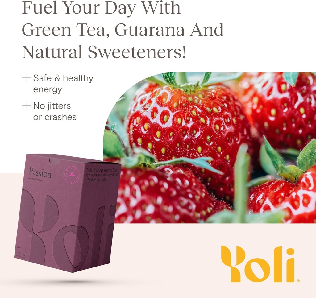 Yoli® Passion Energy Drink Powder Mix - Natural Energy Drink Mix for Endurance and Stamina, 30 Packets - Berry