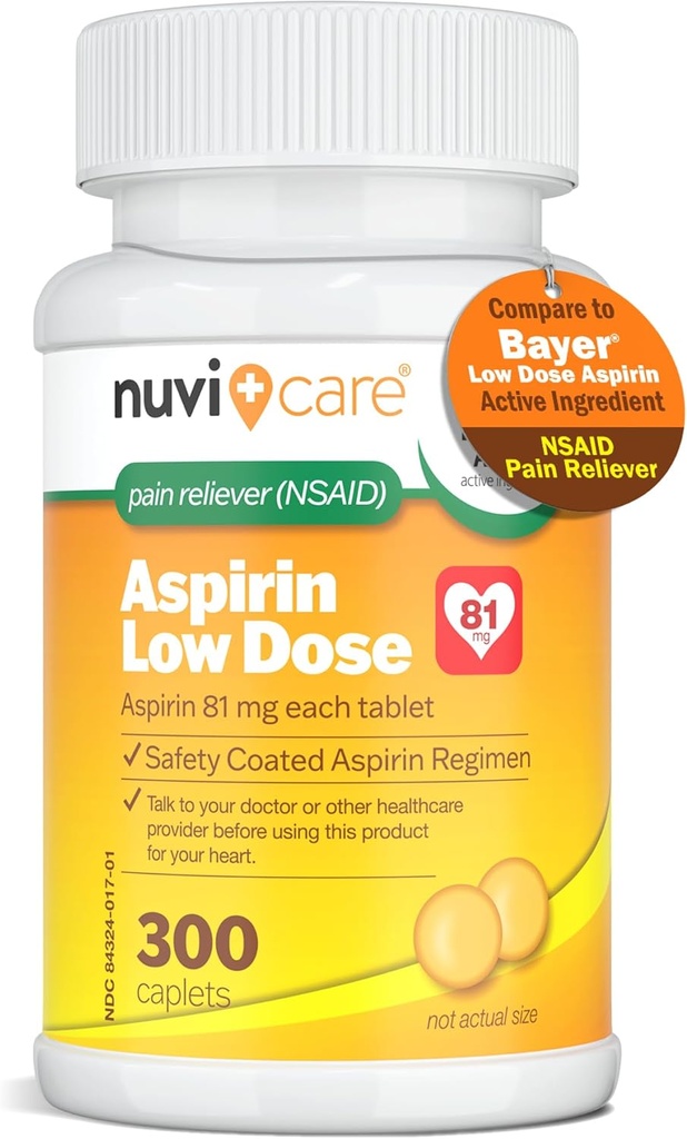 Bajo Dose Aspirina 81mg para adultos Coated Caplets - Compara con Active Ingredient en Low Dose Bayer Aspirin para adultos - Safety Coated (300 Conde)