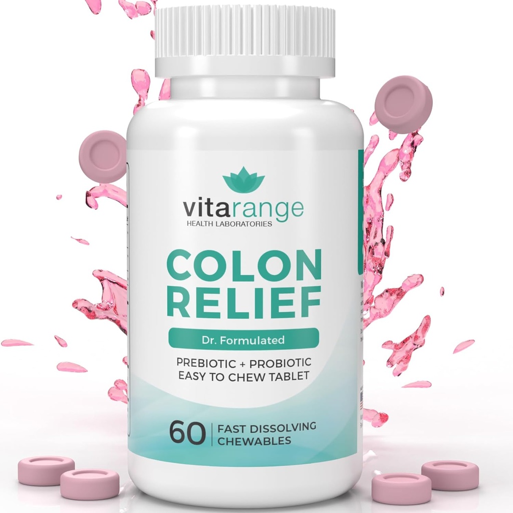 Colon Relief by VitaRange- Fast Constipation and Bloating Relief with Sunfiber Prebiotic Fiber and Pre + Probiotics for Digestive Health - 60 Chewable Strawberry Tablets – Doctor Formulated Probiotics