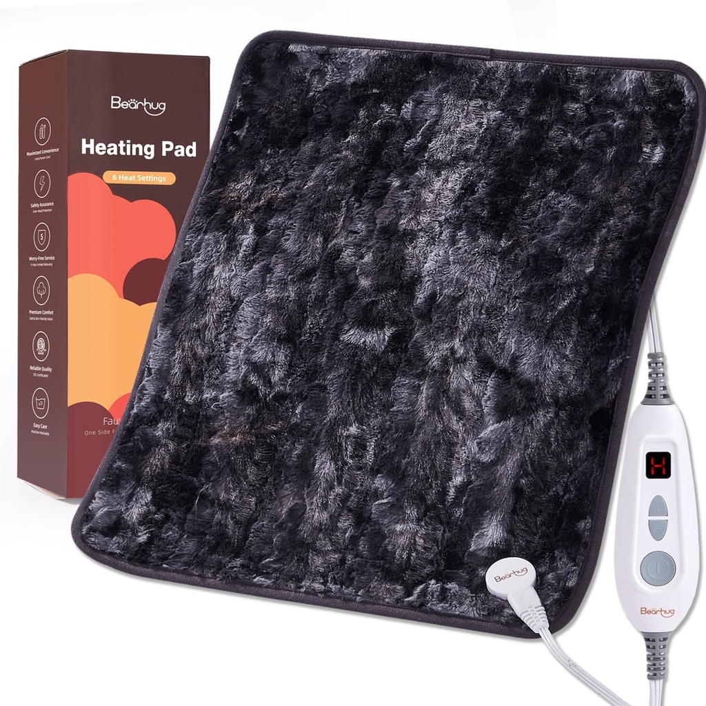 Bearhug XL Electric Heating Pad 20''x24'' Doble Asiento Faux Fur Heated Pad, 6 Niveles de calor, 2H Auto-Off, Moist &amp; Heat Therapy for Back Pain Relief, Machine Washable, ETL Certified, Gift Box