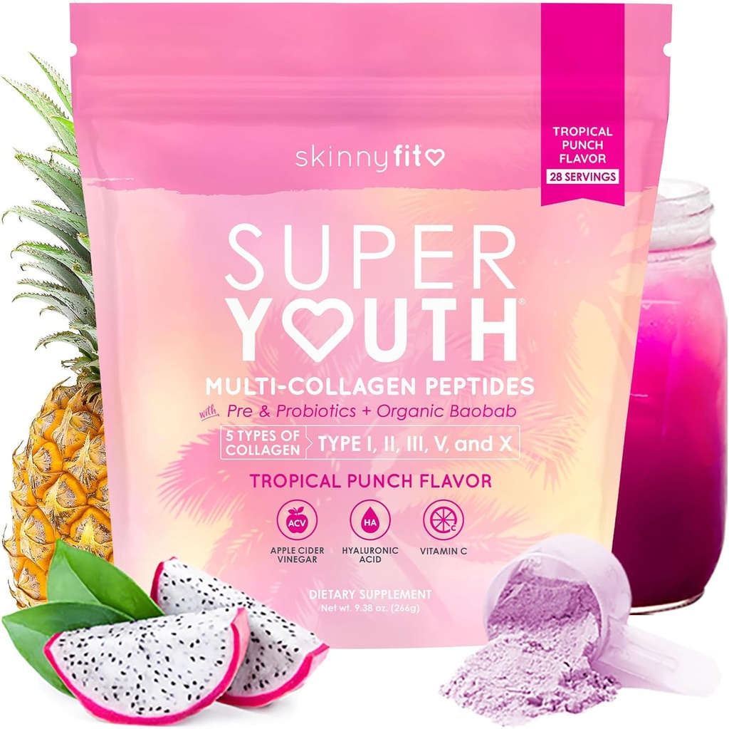 SkinnyFit - Super Youth Collagen for Women - Multi Collagen Peptides Polvo - Probióticos, Fibra, Ácido Hialurónico - No GMO, Libre de gluten, Libre de azúcar - Belleza &amp; Self Care - Tropical Punch (28 Servings)