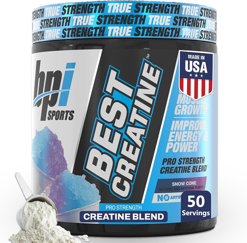 BPI Sports Best Creatine - Creatine Monohydrate Powder for Men &amp; Women, Himalayan Salt - Strength, Pump, Endurance, Muscle Growth, Muscle Definition - No Bloat - Snow Cone - 50 porciones - 10.58 Oz