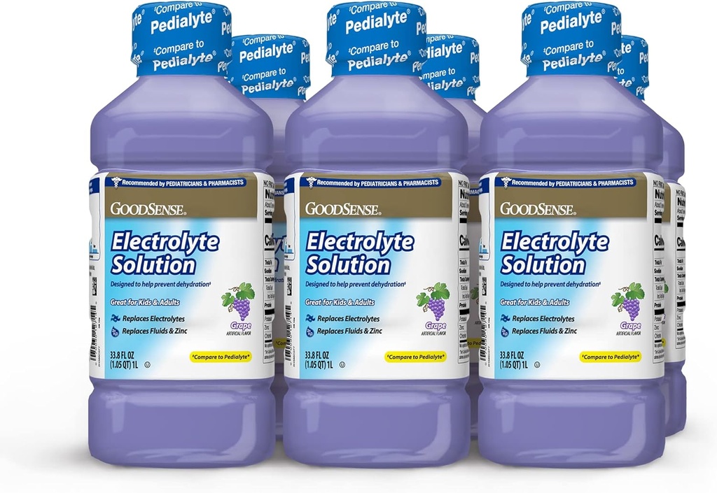 Solución electrolítica GoodSense Grape - Reemplaza electrolitos, fluidos " zinc para adultos de niños, bebida de hidratación para la deshidratación, 33.8 onzas fluidas (Pack of 6)