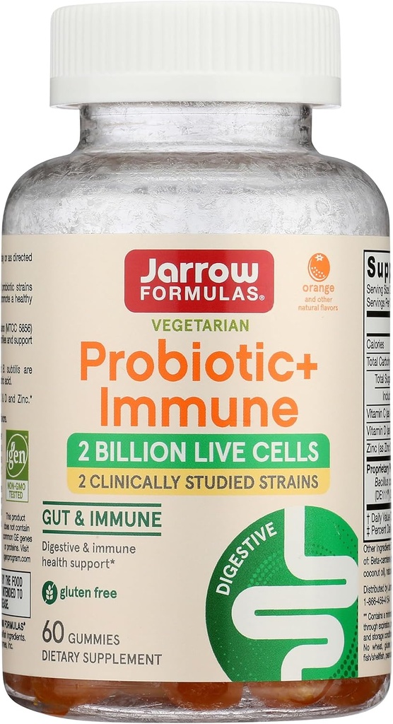 Jarrow Formulas Probiotic+ Immune Gummies, 2 Billion CFU Suplemento para Salud Digestiva y Soporte Inmunitario, 60 Orange Flavor Probiotic Gummies, 30 Day Supply
