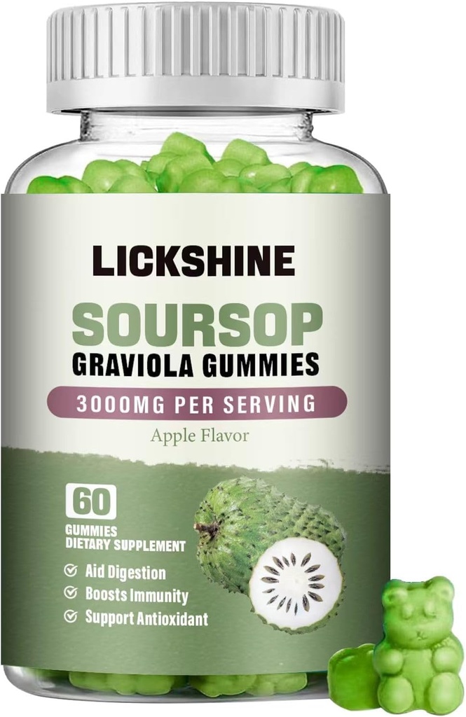 1 Pack Soursop Graviola Gummies - 3000mg Extra Strength Soursop Leaves Supplement with Vitamin C, Zinc - Digestive Aid, Immune Support & Antioxidant - Sugar-Free, Non-GMO, Vegan, 60 Condes