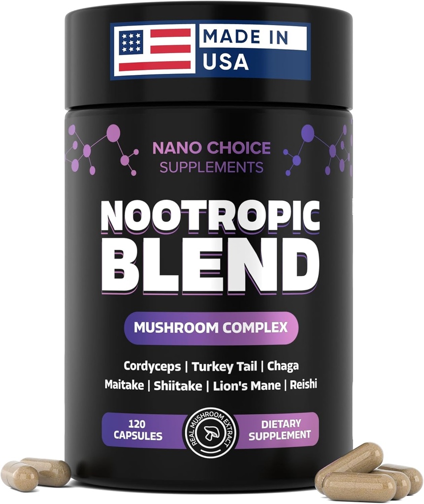 Nano Choice Nootropic Blend - Mushroom Complex Supplement for Brain, Focus, Productivity & Immune Support ← Non-GMO, Vegan, Made in USA ← 120 Capsules