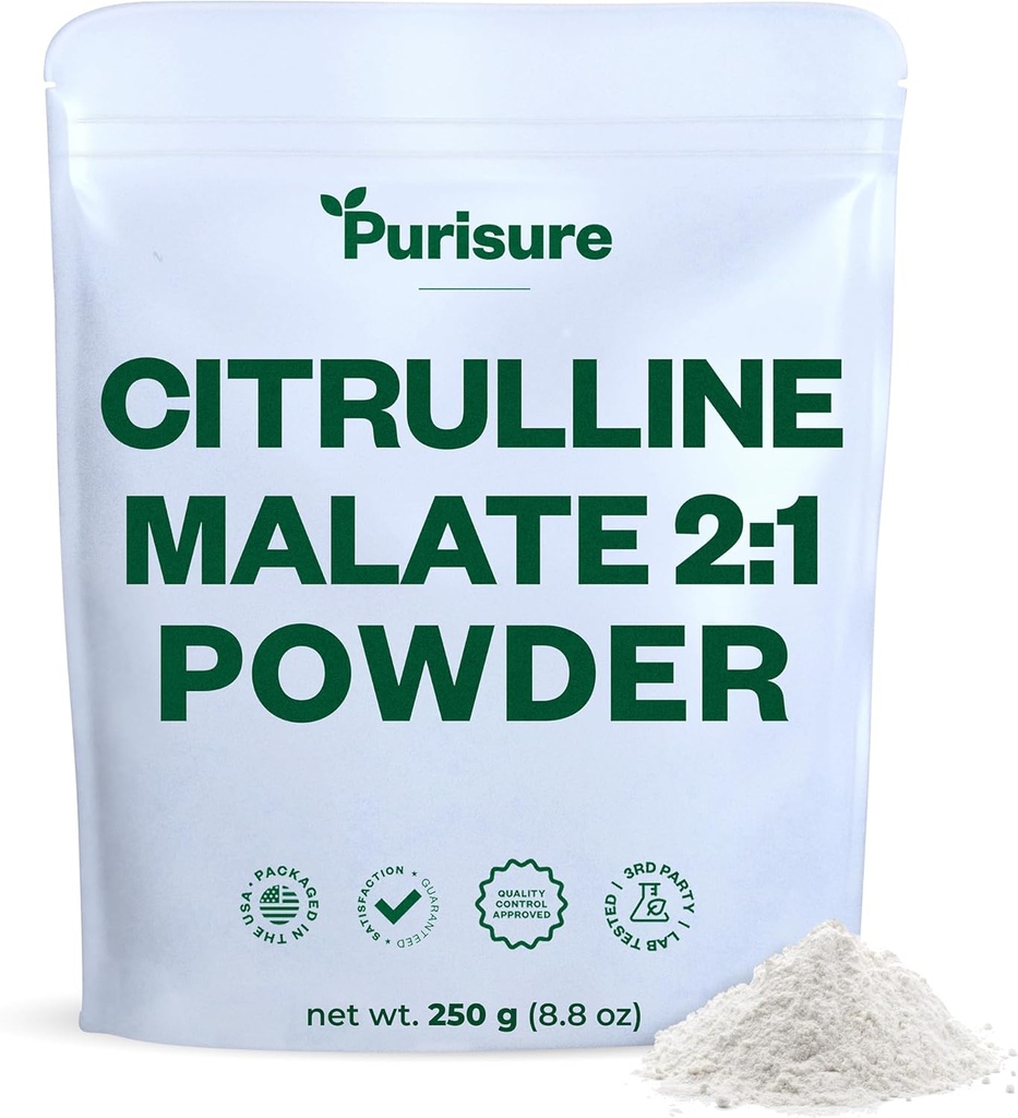 Purisure L-Citrulline Powder 250g, Premium Citrulline 2:1 Malate Supplement for Strength Performance and Energy, Pre-Workout Citrulline Malate Powder - Enhance Muscle Pumps and Recovery - 83 Servings