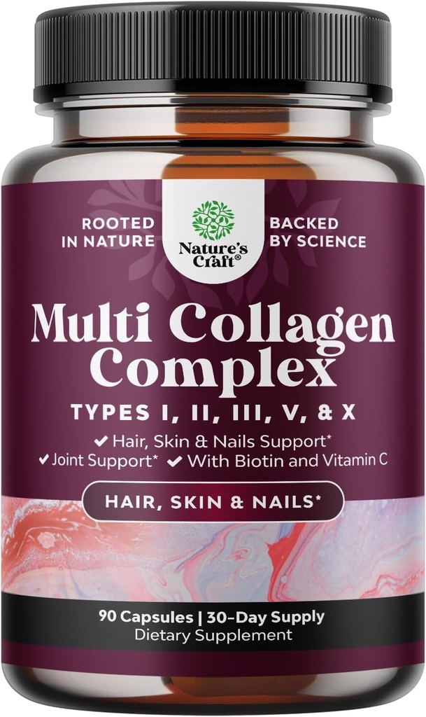 Complejo Multi Collagen avanzado - Peptidos Multi Collagen sin edad Suplementos con Tipo 1 2 3 5 &amp; X &amp; Biotina para el cabello, la piel y las uñas Vitaminas - Suplementos de biotina para hombres de mujeres - 90 Conde