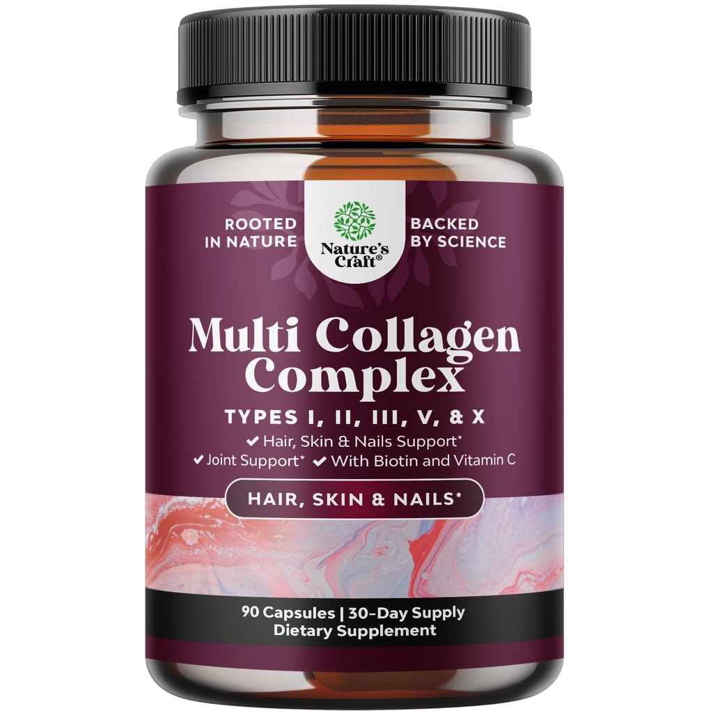 Complejo Multi Collagen avanzado - Peptidos Multi Collagen sin edad Suplementos con Tipo 1 2 3 5 &amp; X &amp; Biotina para el cabello, la piel y las uñas Vitaminas - Suplementos de biotina para hombres de mujeres - 90 Conde