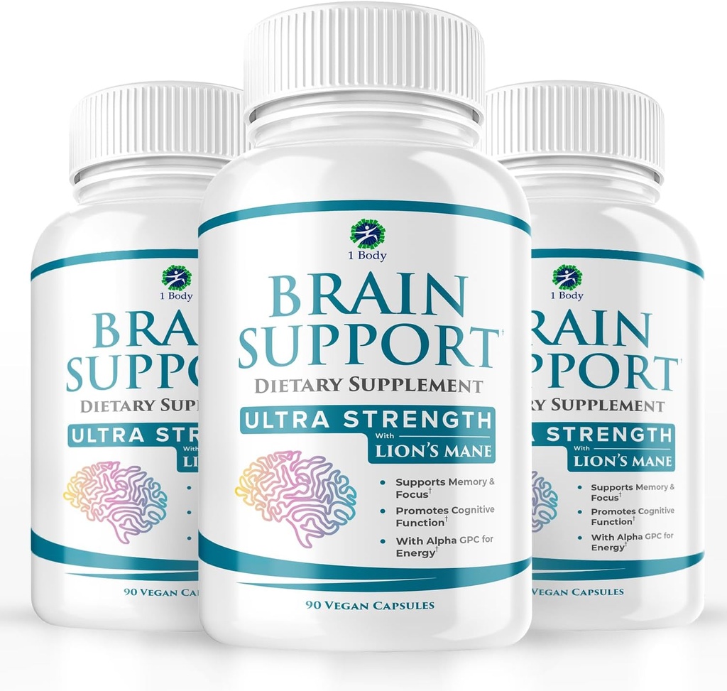 1 Body Brain Support Triple Pack, Alpha GPC y Lion's Mane Extract, 90 cápsulas cada uno