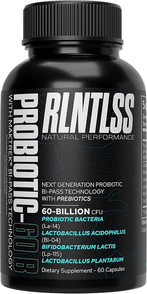 RLNTLSS - Probiotic 60 Billion CFU - 4 Strain Blend - Suplemento Premium - Hombres y Mujeres - Estante Stable Probiotic Capsule - Probiótico y Prebiótico - (60 Cuenta Botella)