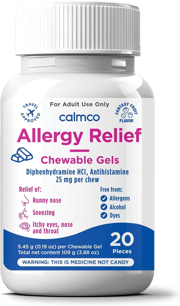 CalmCo Adult Allergy Relief Gummy Bites with Diphenhydramine - Antihistamina Chewable para Sneezing, Runny Nose & Itchy Eyes, Nighttime Allergy Medicine for Ages 12+, Fantasy Fruit Flavor, 20 Conde