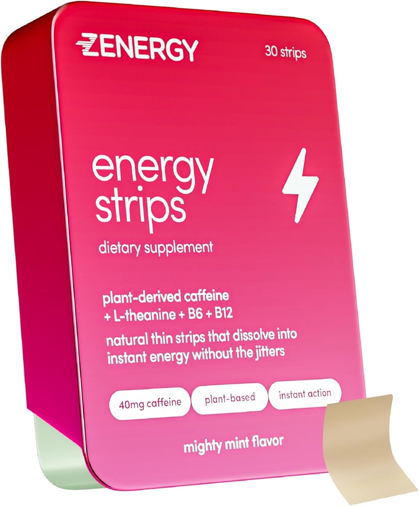 ZENERGY Energy Oral Strips - Mint Flavor  40mg Caffeine + 30mg L-Theanine + 100% Vitamin B6 &amp; B12 Silencio 0 Azúcar, 0 Calories, 0 Gluten, 0 Aspartame, Vegan, Plant-Based, Instant Action TEN 1 Tin = 30 Strips
