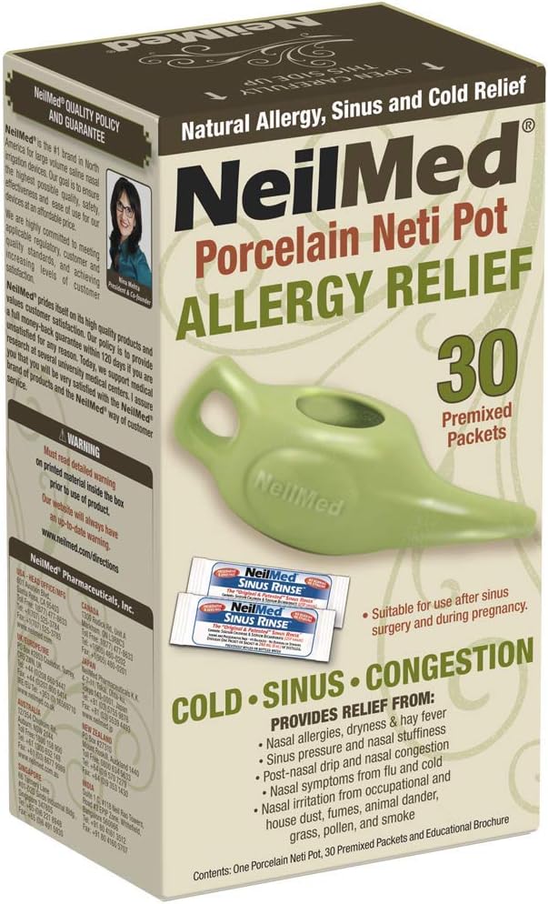 NeilMed Classic Porcelana Neti Pot Green con 30 paquetes premixed