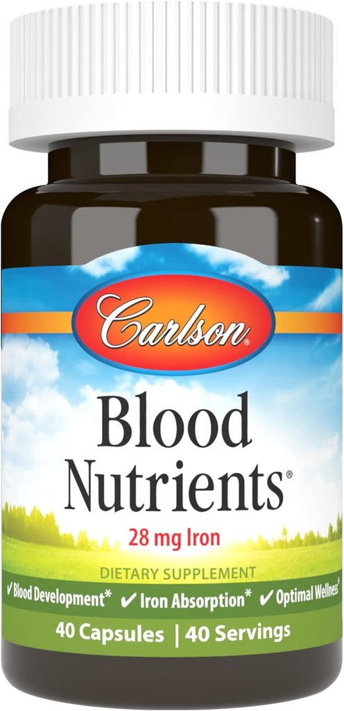 Carlson - Nutrientes de sangre, 28 mg de hierro, desarrollo de sangre, absorción de hierro y bienestar óptimo, 40 cápsulas