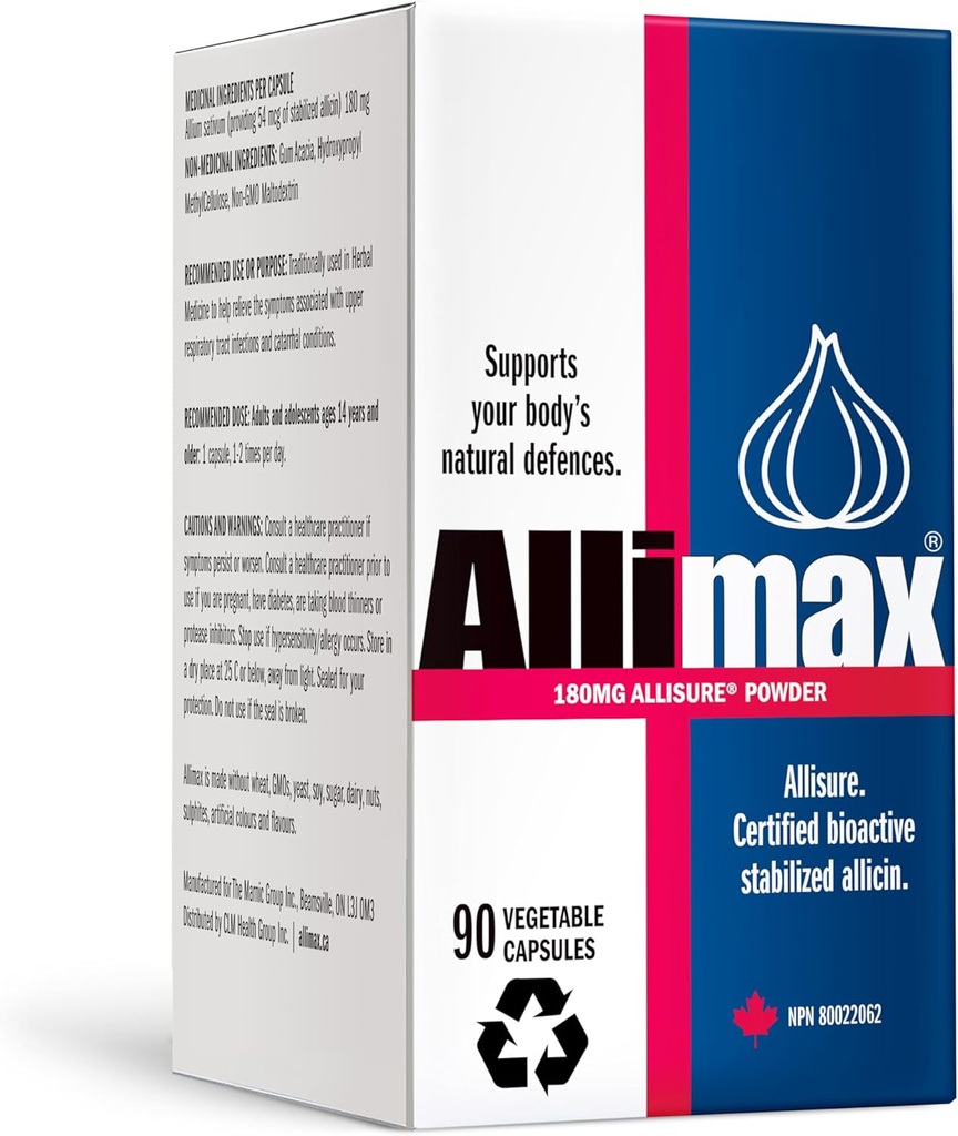 ALLIMAX 180mg 90 cápsulas. Suplemento de ajo de alicina para apoyar la función inmunitaria de su cuerpo. Contiene estabilizado y Potent Bioactive Allicin, extraído del ajo cultivado español limpio y sostenible.