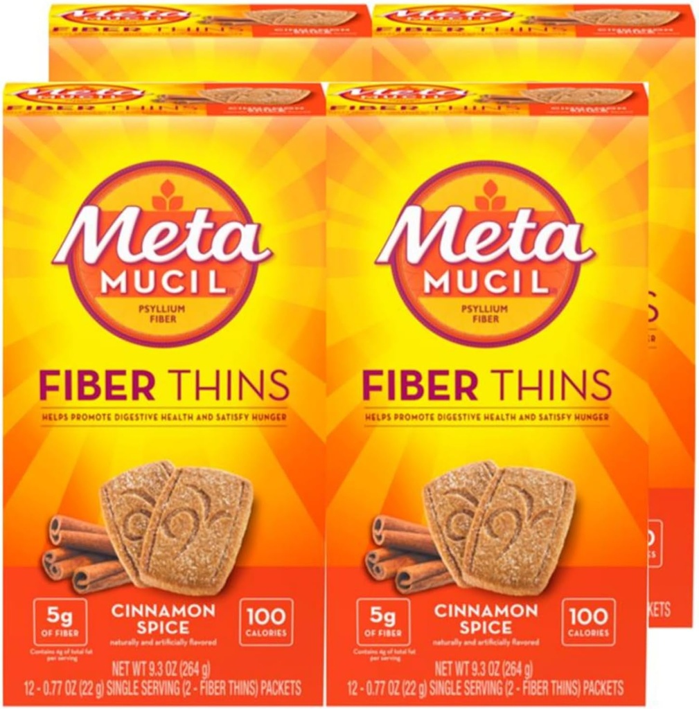 Pantalones de fibra de metamucil, Snack de suplemento diario de fibra, Psyllium Husk Powder, 5g Fiber per Serving, soporta salud digestiva y Satisfios hambre, sabor de especia de canela, paquete de 4, 12 Servi cada uno