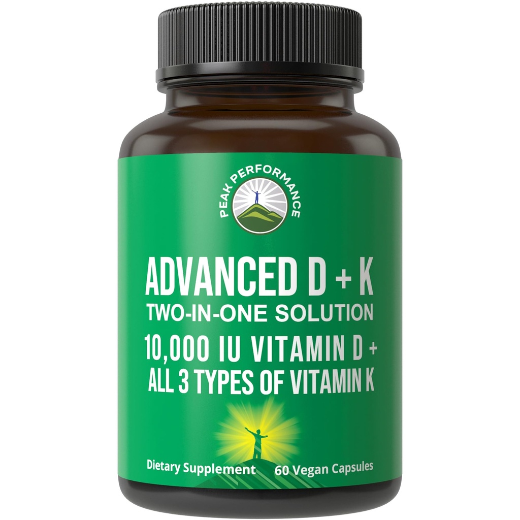 Rendimiento del pico Vitamina D 10000 UI con todos los 3 tipos de vitamina K cápsulas 10.000 UI vitamina D3 y vitamina K2, K1, MK-7 (MK7), MK4 Suplemento. 60 pequeñas y fáciles de tragar