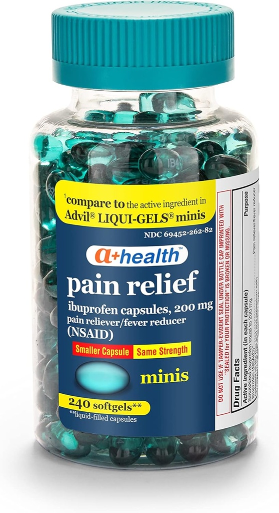 A+Health Mini Ibuprofeno 200 Mg Softgels, Dolor de Dolor/Reductor de Favedad (NSAID), 240 Conde
