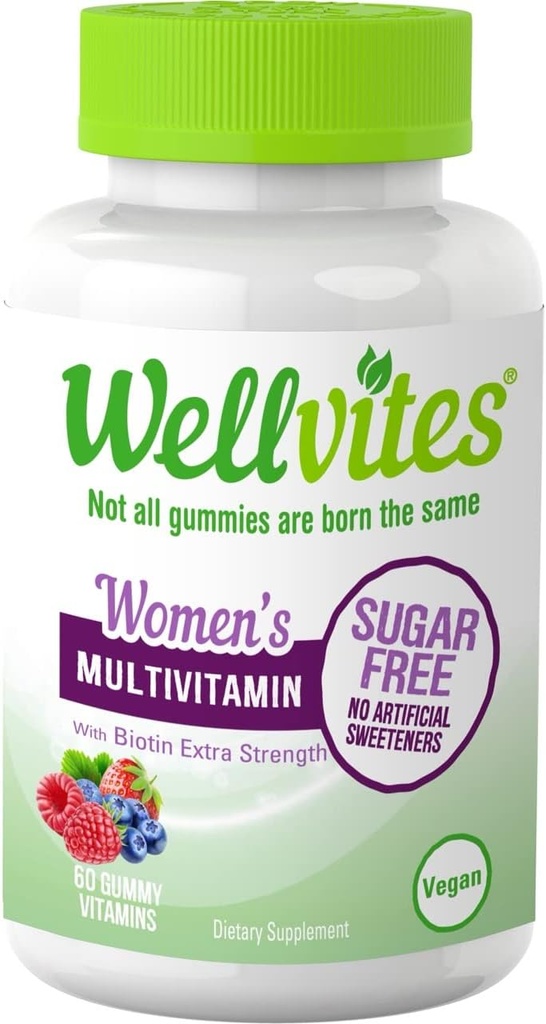 Wellvites Azúcar Gummies Multivitamínicas Libres para Mujeres con Biotina, Vegan, No GMO - Vitaminas para Mujeres, Vitamina A, B6, y B12, No Dulces Artificiales, Libre de gluten,60 Cuenta (30 Day Supply)