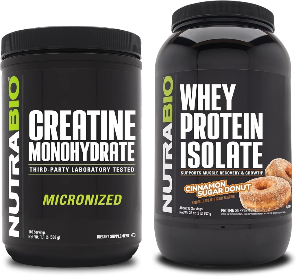 NutraBio Creatine Monohydrate, Unflavored, 500g and Whey Protein Isolate, Cinnamon Sugar Donut, Suplemento Bundle - Muscle Energy, Lean Muscle Growth, Recovery, and Strength