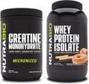 NutraBio Creatine Monohydrate, Unflavored, 500g and Whey Protein Isolate, Cinnamon Sugar Donut, Suplemento Bundle - Muscle Energy, Lean Muscle Growth, Recovery, and Strength