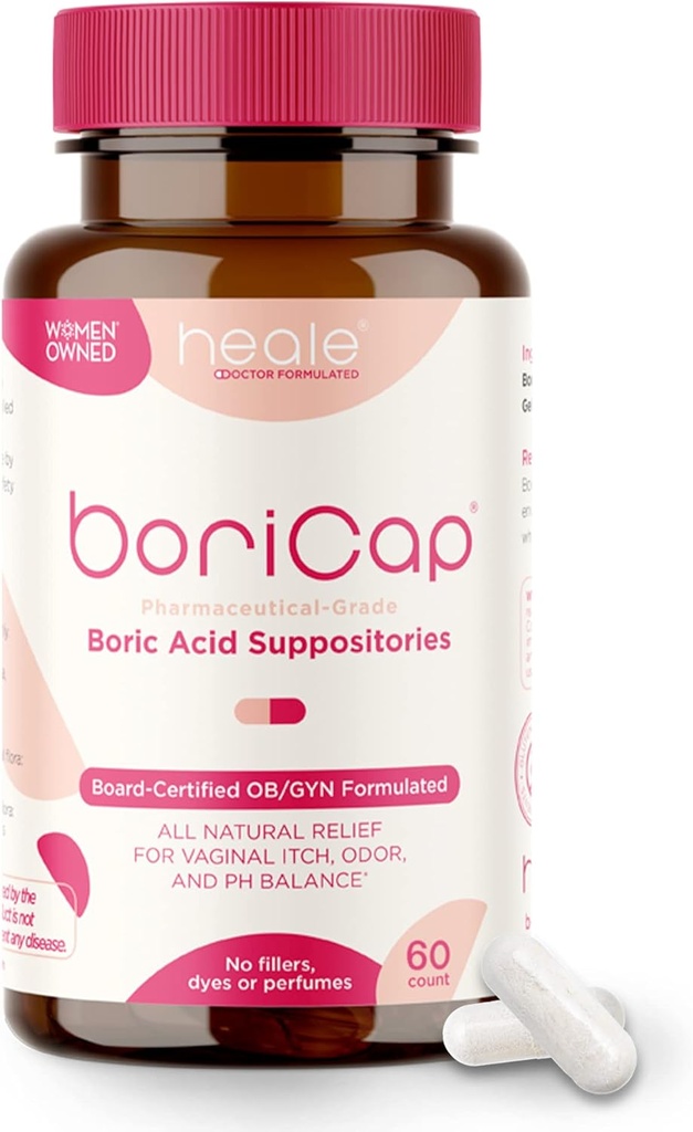 BoriCap - Boric Acid Suppositories for Women - 600 mg - Vaginal Health & Balance, Itch " Odor - Natural Relief - Feminine Hygiene Products - Made in USA by Heale - 60 Capsules