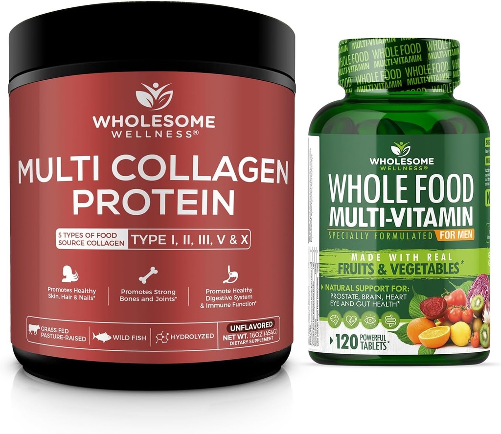 Multi Collagen Protein Powder Hidrolyzed (Type I II III V X) + Whole Food Multivitamin for Men - Natural Multi Vitaminas, Minerales, Extractos Orgánicos Bundle