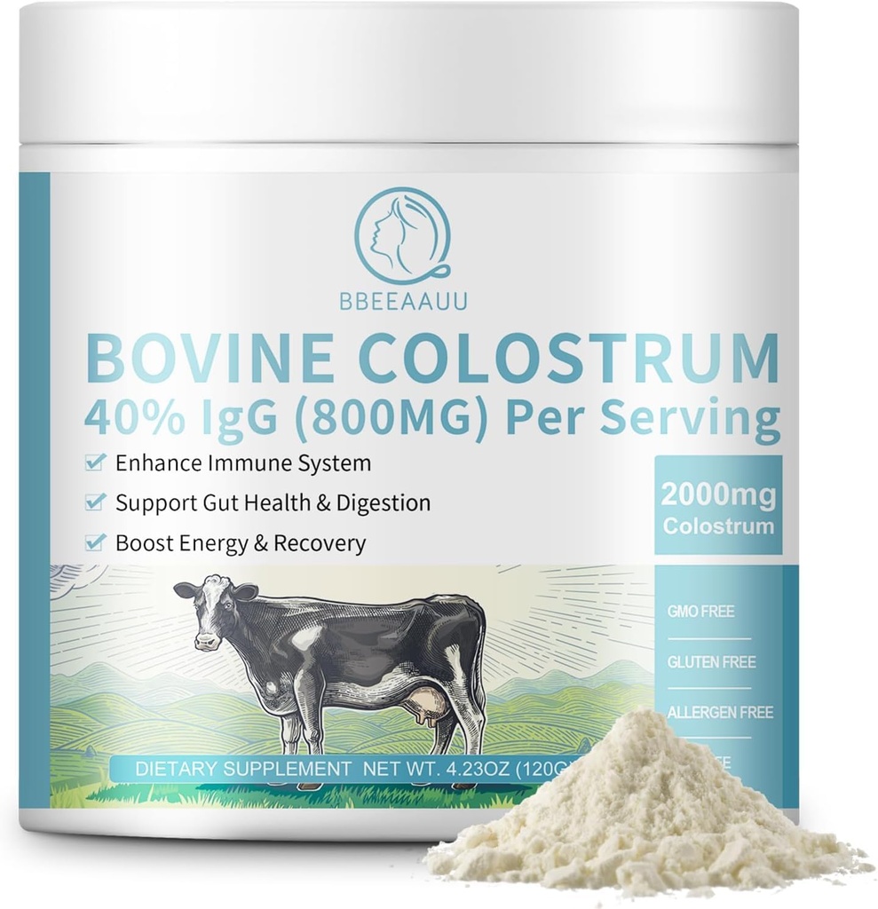 Bovine Colostrum Suplemento 2000mg, Colostrum Powder 40% IgG Inmunoglobulinas para soporte inmunológico, crecimiento del cabello, Gut Health, Muscle, Energy - 100% Grass Fed, Gluten-Free, Non-GMO, 120 Grams