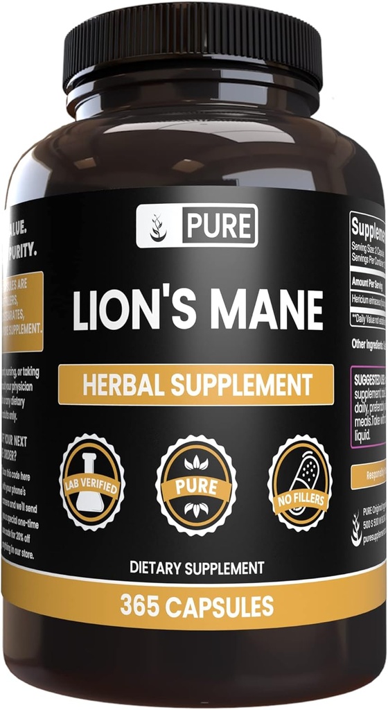PURE ORIGINAL INGREDIENTES Mane Capsules de León, No Magnesio o Rice Fillers, Siempre Puro (365 cápsulas)