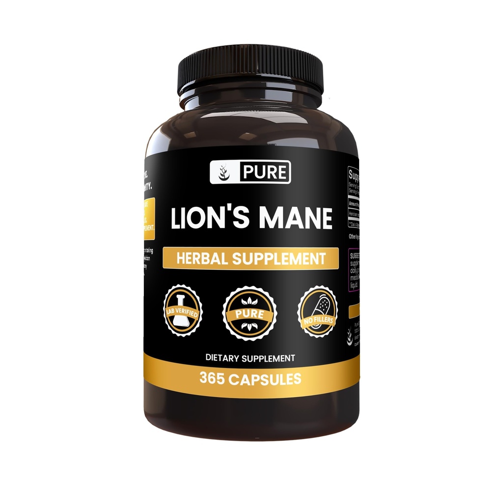 PURE ORIGINAL INGREDIENTES Mane Capsules de León, No Magnesio o Rice Fillers, Siempre Puro (365 cápsulas)