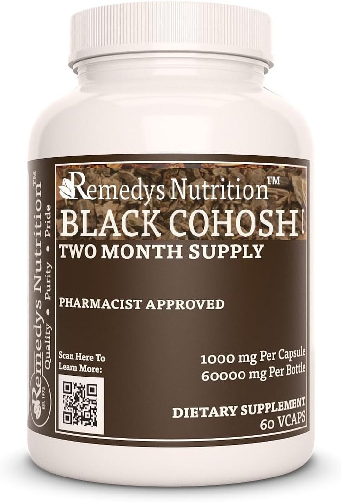 Nutrición de Remedy Cohosh Negro  durable 1,000 mg, 60 cápsulas veganos suplemento dietético herbal 