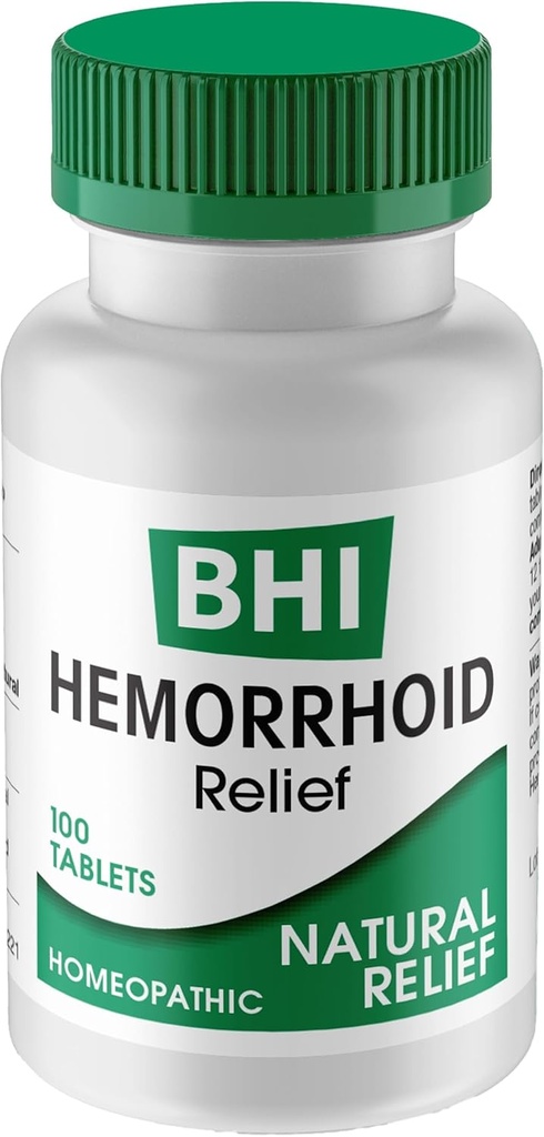 BHI Natural Hemorrhoid Relief Soothes Burning, Swelling, Itching, Rectal Pain &amp; Discomfort 8 Maximum Strength Homeopathic Active Ingredients Ease from The Inside for Women &amp; Men - 100 Tablets