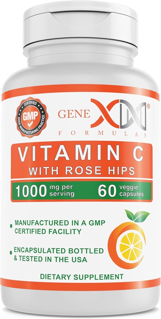 Genex Fórmulas 1000mg Vitamina C con Rose HIPS (60 Cápsulas) Soporta Sistema de Inmunidad Saludable - Non-GMO, Gluten Free, Vegan (60 Day Supply)