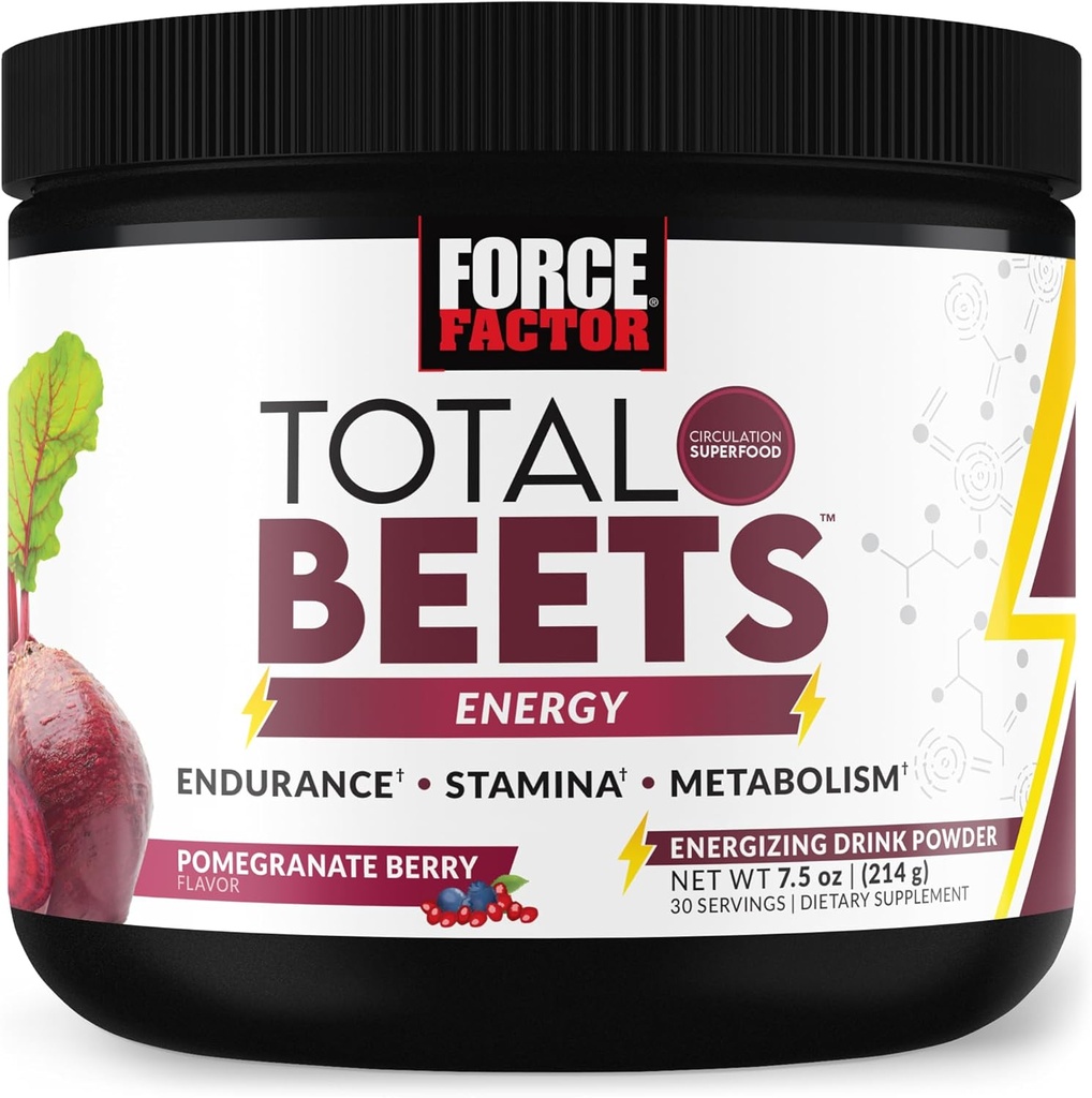Factor de fuerza Total Beets Energy Drink Mix, Superfood Beet Root Powder with Nitrates to Boost Energy and Support Circulation, Blood Flow, Nitric Oxide and Stamina, Heart Health Supplement, 30 Servings