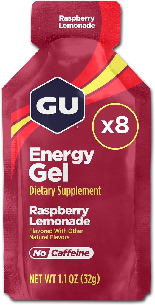 GU Energy Original Sports Nutrition Energy Gel, 8-Count, Vegan, Gluten-Free, Kosher y Dairy-Free On-The-Go Energy for Any Workout, Raspberry Lemonade